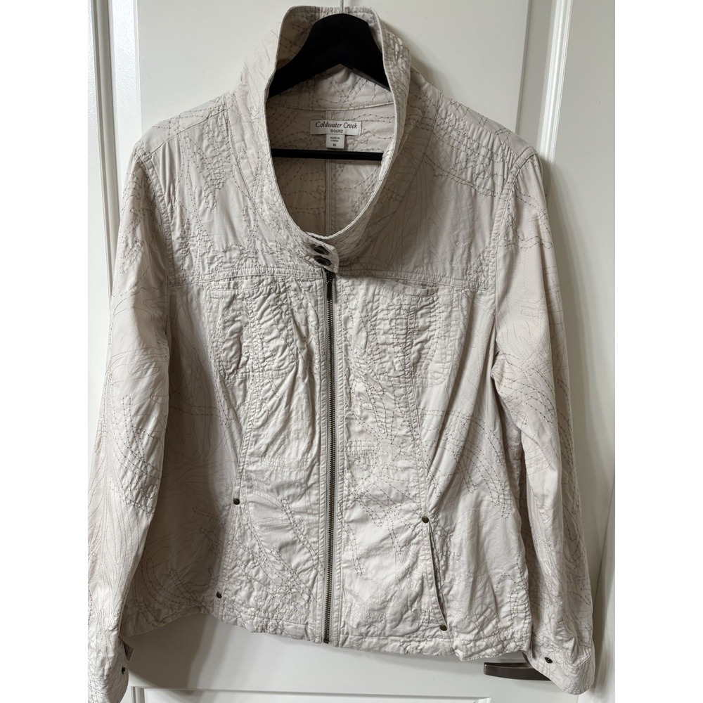 Coldwater Creek sz 16 Shaped 4 Pocket Embroidered Jacket Snap Roll Tab Sleeves